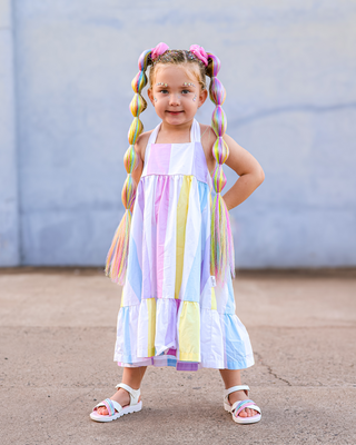 'Sunbeam' - Pastel Rainbow Stripe Tie Back Halter Midi Dress