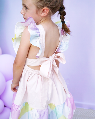 'Marshmallow Sparkle' -  Organic Cotton Ruffled Tie Back Pinafore Dress - Pink and Rainbow