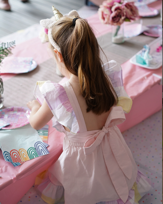 'Marshmallow Sparkle' -  Organic Cotton Ruffled Tie Back Pinafore Dress - Pink and Rainbow