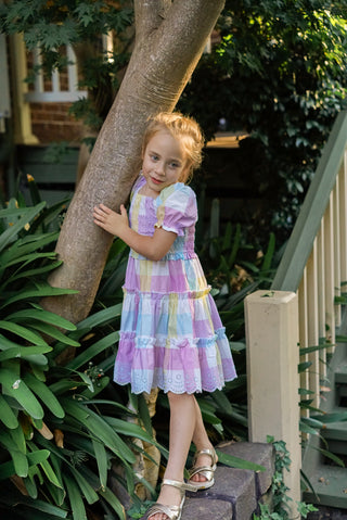 'Unicorn Meadows' - Rainbow Gingham Puff Sleeve Ruffle Dress with Scalloped Embroidered Hem