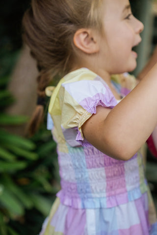 'Unicorn Meadows' - Rainbow Gingham Puff Sleeve Ruffle Dress with Scalloped Embroidered Hem