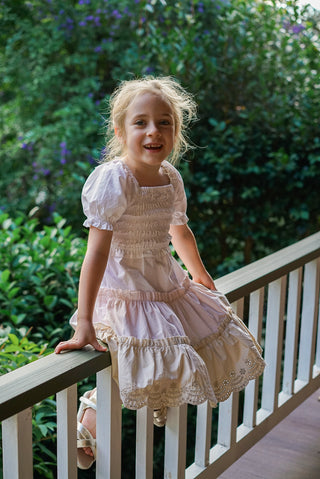 'Neapolitan Wonder' - White, Pink and Beige, Puff Sleeve Ruffle Dress with Scalloped Embroidered Hem