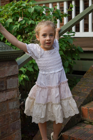 'Neapolitan Wonder' - White, Pink and Beige, Puff Sleeve Ruffle Dress with Scalloped Embroidered Hem