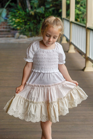 'Neapolitan Wonder' - White, Pink and Beige, Puff Sleeve Ruffle Dress with Scalloped Embroidered Hem
