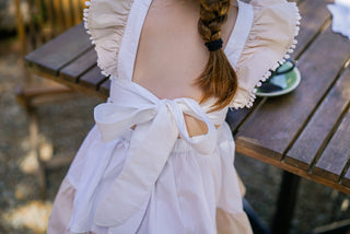 'Cinnamon Sprinkle' -  Organic Cotton Ruffled Tie Back Pinafore Dress - White and Cinnamon
