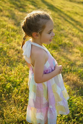 'Rainbow Dreams' - Rainbow Gingham Tie Back Halter Midi Dress