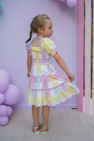 'Unicorn Meadows' - Rainbow Gingham Puff Sleeve Ruffle Dress with Scalloped Embroidered Hem
