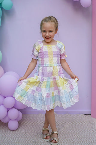 'Unicorn Meadows' - Rainbow Gingham Puff Sleeve Ruffle Dress with Scalloped Embroidered Hem