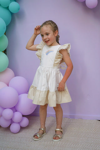 'Cinnamon Sprinkle' -  Organic Cotton Ruffled Tie Back Pinafore Dress - White and Cinnamon