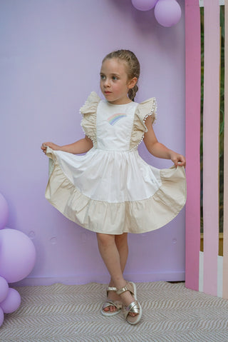 'Cinnamon Sprinkle' -  Organic Cotton Ruffled Tie Back Pinafore Dress - White and Cinnamon