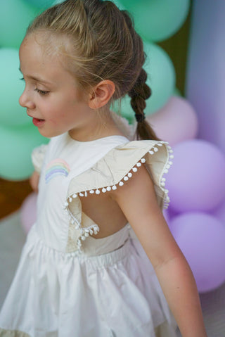 'Cinnamon Sprinkle' -  Organic Cotton Ruffled Tie Back Pinafore Dress - White and Cinnamon