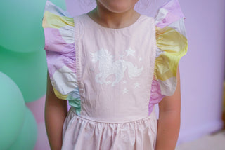 'Marshmallow Sparkle' -  Organic Cotton Ruffled Tie Back Pinafore Dress - Pink and Rainbow
