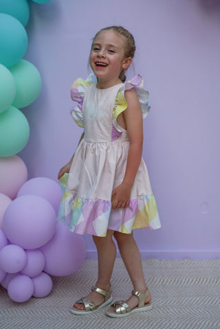 'Marshmallow Sparkle' -  Organic Cotton Ruffled Tie Back Pinafore Dress - Pink and Rainbow