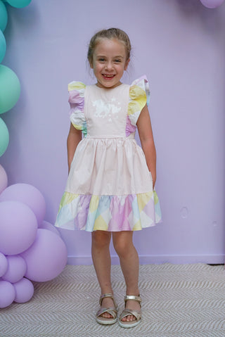 'Marshmallow Sparkle' -  Organic Cotton Ruffled Tie Back Pinafore Dress - Pink and Rainbow