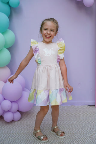 'Marshmallow Sparkle' -  Organic Cotton Ruffled Tie Back Pinafore Dress - Pink and Rainbow