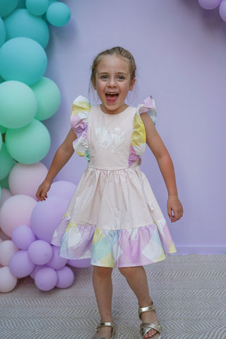 'Marshmallow Sparkle' -  Organic Cotton Ruffled Tie Back Pinafore Dress - Pink and Rainbow