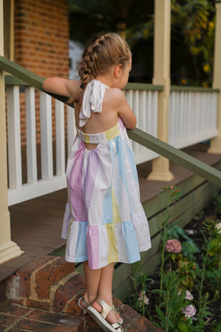 'Sunbeam' - Pastel Rainbow Stripe Tie Back Halter Midi Dress