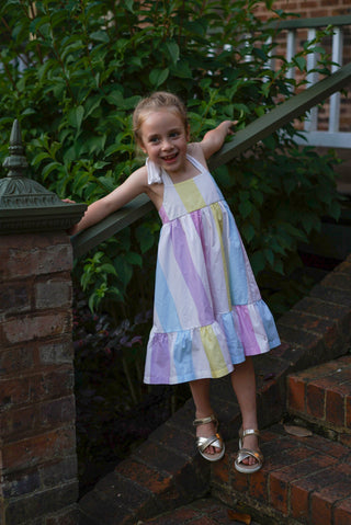 'Sunbeam' - Pastel Rainbow Stripe Tie Back Halter Midi Dress