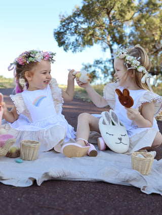 'Cinnamon Sprinkle' -  Organic Cotton Ruffled Tie Back Pinafore Dress - White and Cinnamon