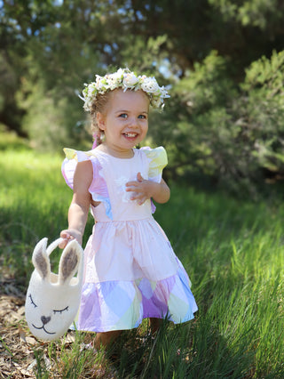 'Marshmallow Sparkle' -  Organic Cotton Ruffled Tie Back Pinafore Dress - Pink and Rainbow
