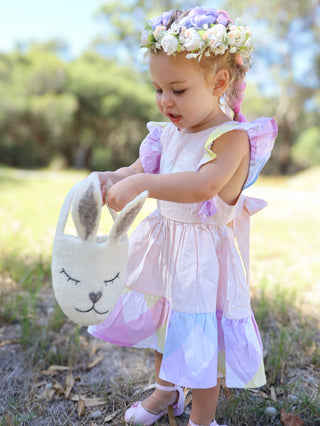 'Marshmallow Sparkle' -  Organic Cotton Ruffled Tie Back Pinafore Dress - Pink and Rainbow