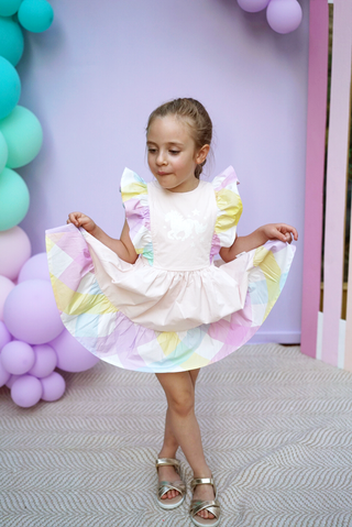 'Marshmallow Sparkle' -  Organic Cotton Ruffled Tie Back Pinafore Dress - Pink and Rainbow
