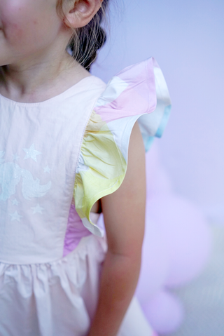 'Marshmallow Sparkle' -  Organic Cotton Ruffled Tie Back Pinafore Dress - Pink and Rainbow